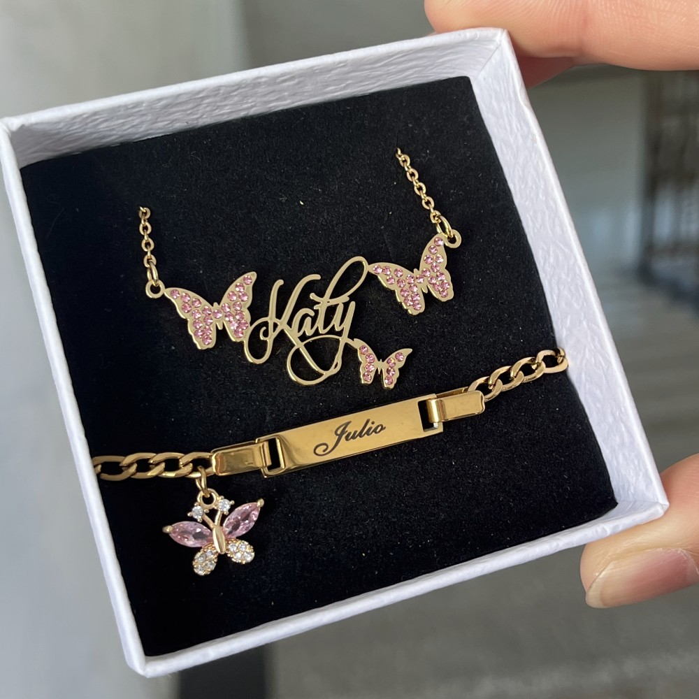 Custom Name Necklace Stainless Steel - DUOYING 맞춤형 핑크 나비 세트, 맞춤형