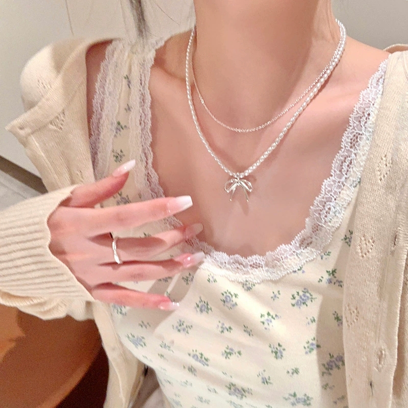 Layered Pendant Necklace Aesthetic - 패션 빈티지 Bowknot 펜던트 진주 구슬