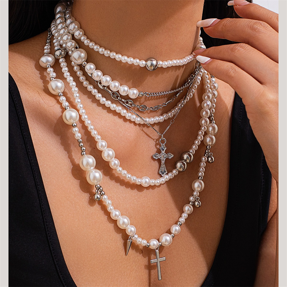 Layered Pendant Necklace Aesthetic - 여성용 다층 모조 진주 비즈 체인