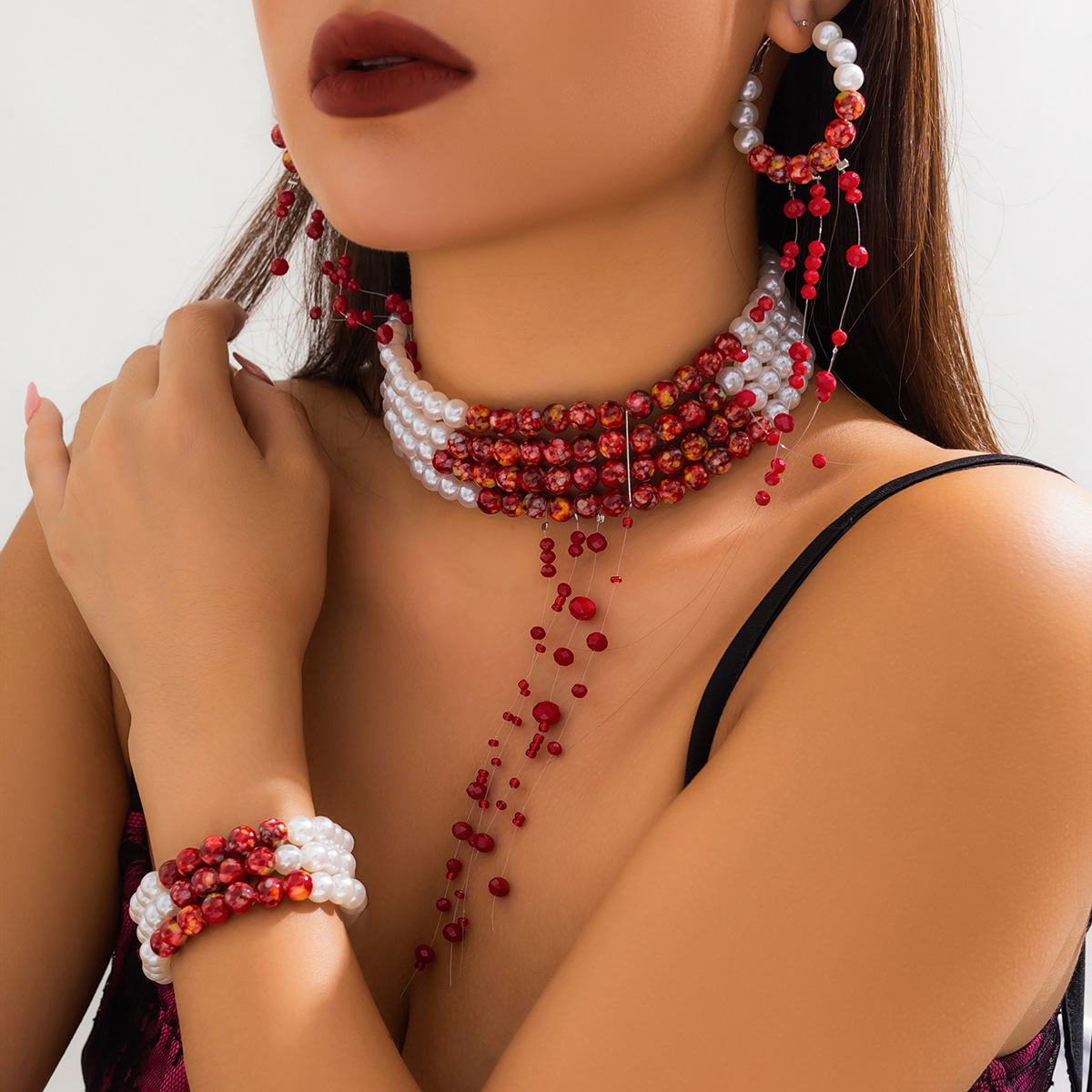 Pearl Choker Necklace Vintage - 여성용 다층 빈티지 붉은 피 패턴
