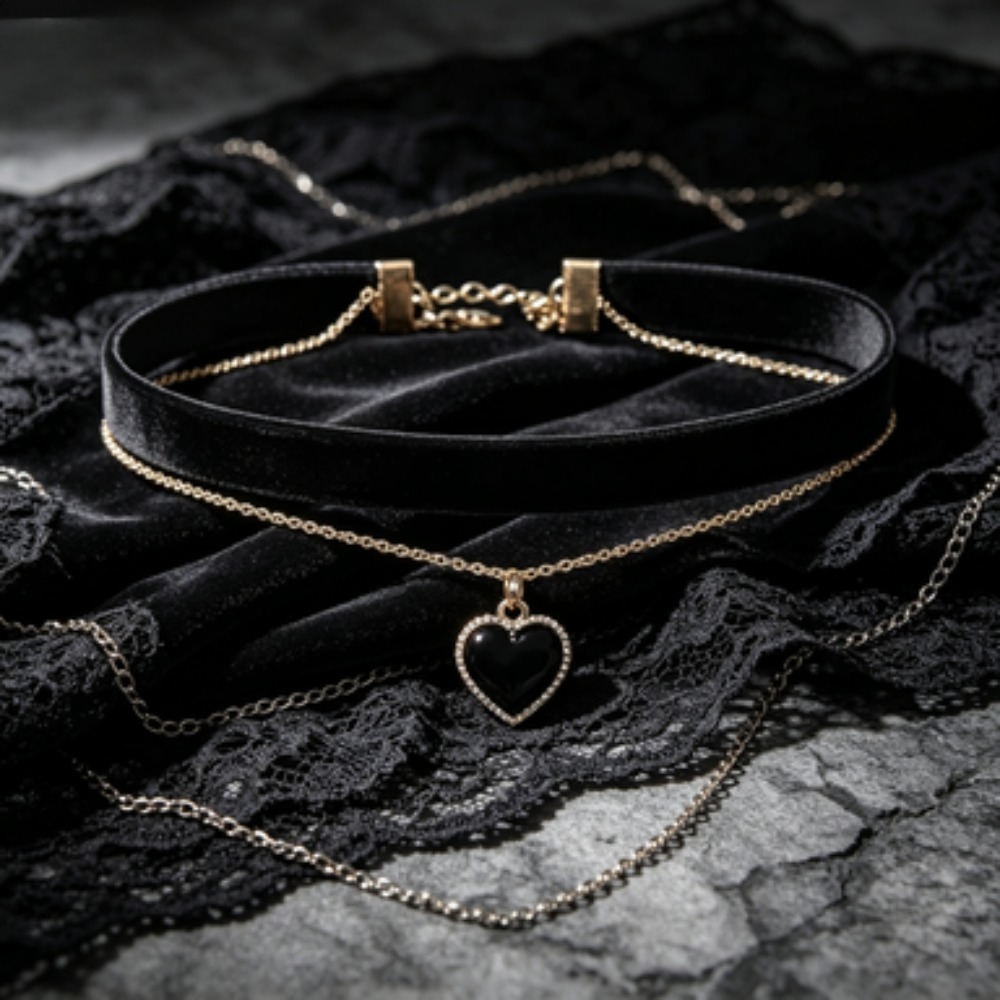 Layered Pendant Necklace Aesthetic - 멀티 레이어 블랙 피치 하트 펜던트