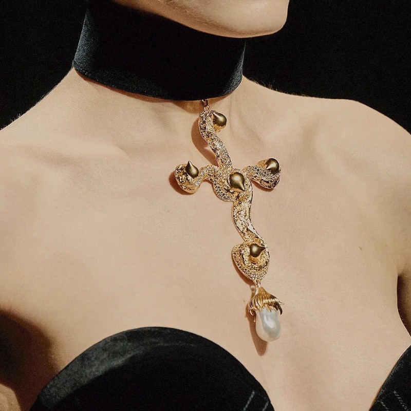 Pearl Choker Necklace Vintage - 빈티지 과장된 바로크 진주 크로스 펜던트