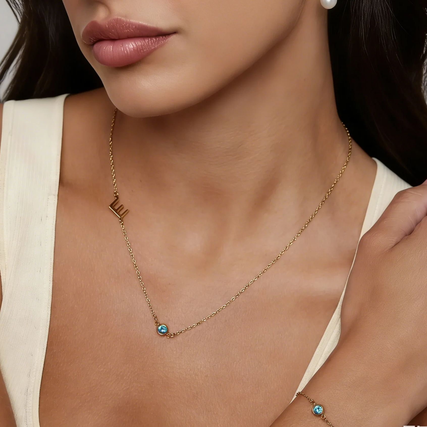 Initial Letter Necklace 18K Gold - 사이드 세트 이니셜 탄생석 목걸이 18K