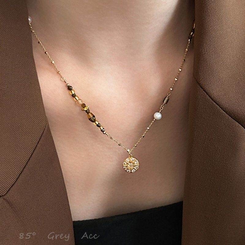 Layered Pendant Necklace Aesthetic - 패션 브라운 천연석 펜던트 목걸이 미적