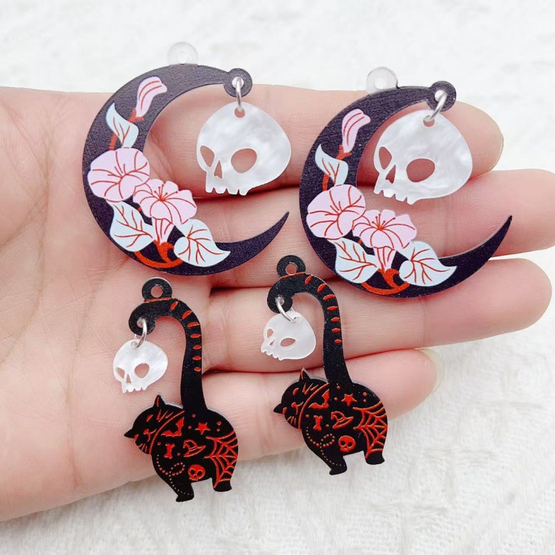 10pcs 할로윈 아크릴 유령 검은 고양이 해골 쥬얼리 - Earrings 리뷰 및 가격