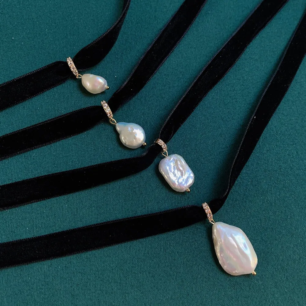 여성용 블랙 벨벳 리본 초커, 불규칙 물방울 사각형,  - Pearl Choker Necklace Vintage 리뷰 및 가격