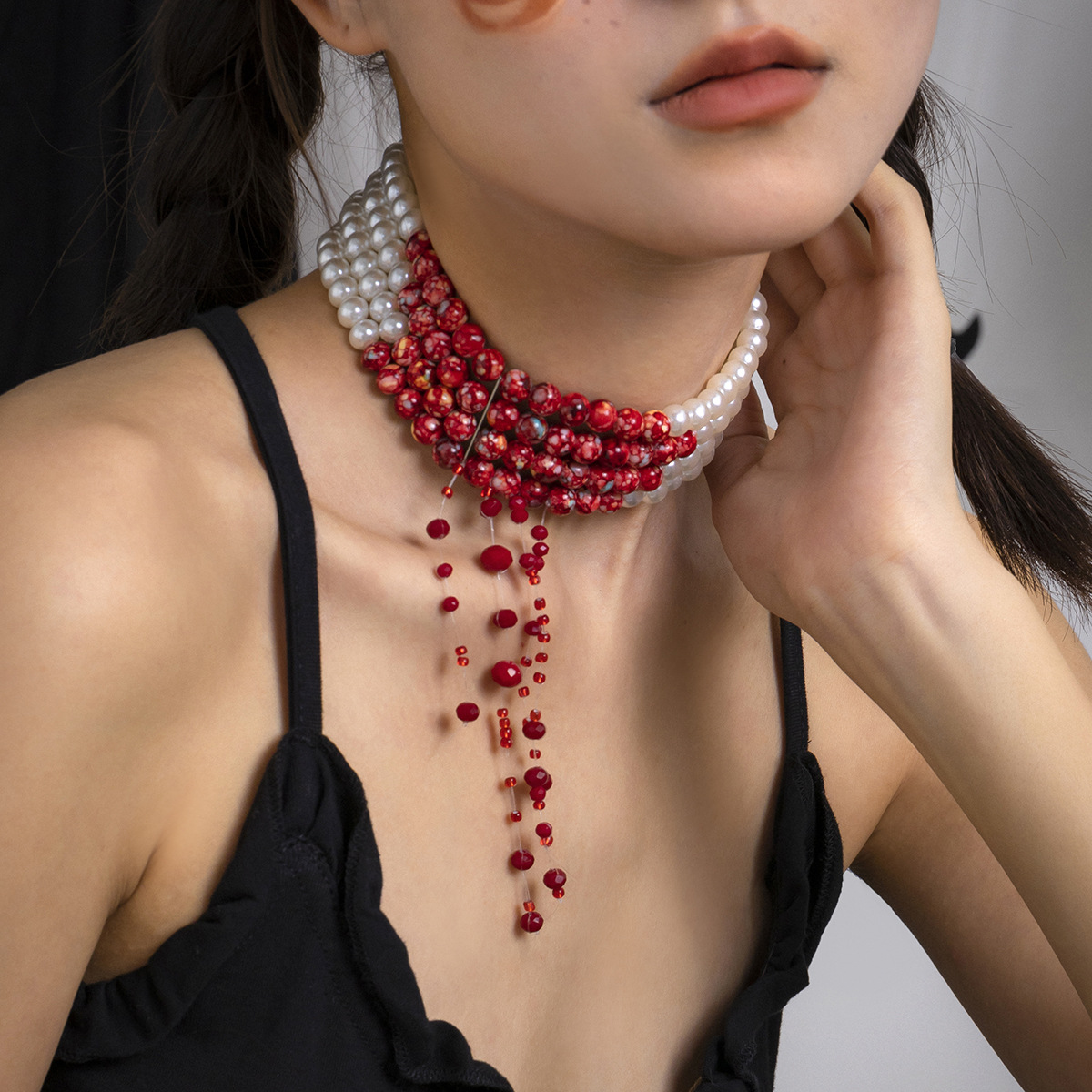 여성용 다층 빈티지 붉은 피 패턴 모조 진주 술 펜던트 - Pearl Choker Necklace Vintage 리뷰 및 가격