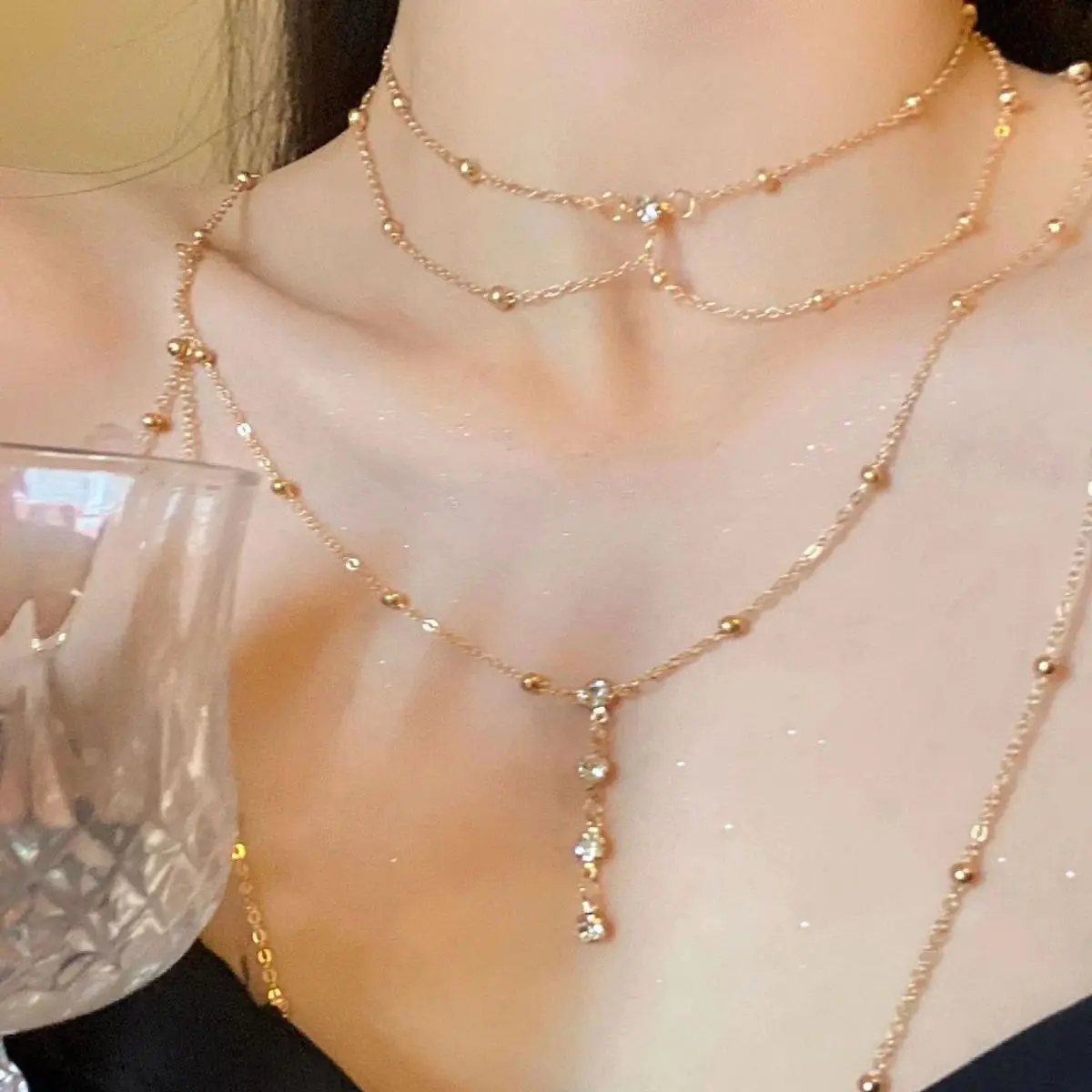 여성용 섹시한 미적 다층 스파클링 라인스톤 바디 체인, - Layered Pendant Necklace Aesthetic 리뷰 및 가격